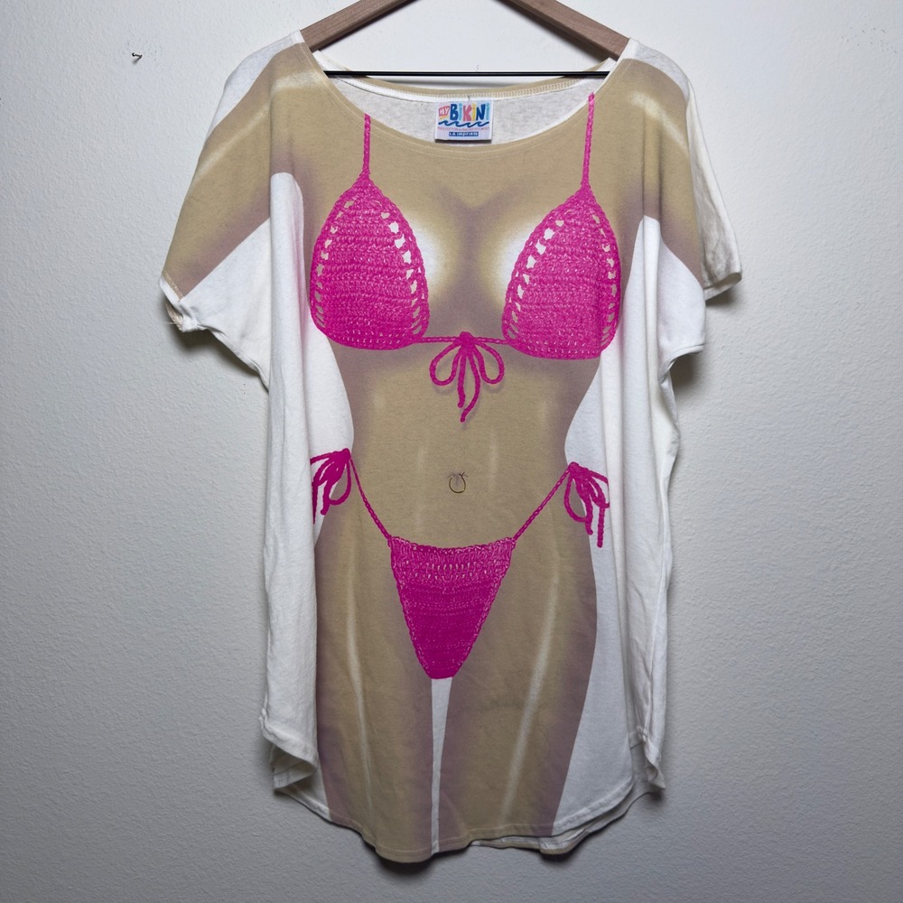 L.A. Imprints Women Cotton Bikini Body Coverup T-Shirt OS White Pink Novelty
